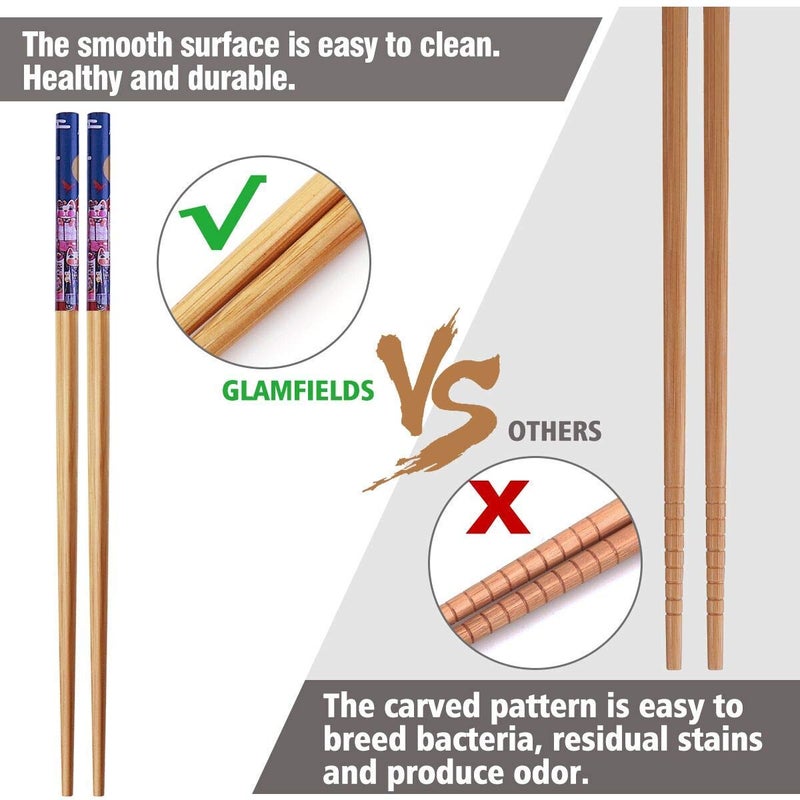 GLAMFIELDS 10Pairs Handmade Natural Bamboo Chopsticks Healthy Asian Japanese Korean Noodles Sushi Chopsticks set Reusable Gift Tableware-Cute Cat Drawing - Image 3